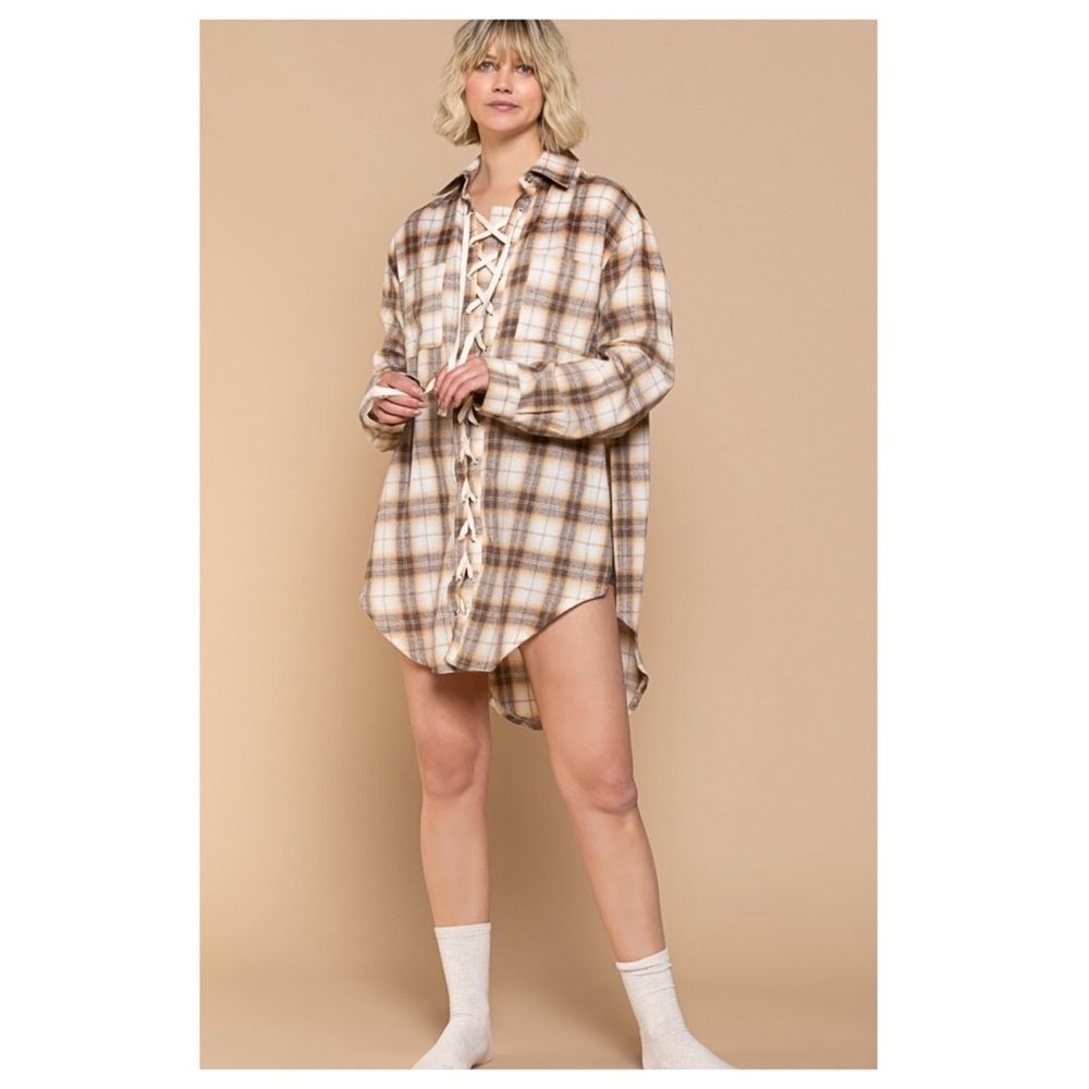 𝅺pol Boho Brown multi Lace Up Front Shirt - Picture 10 of 16